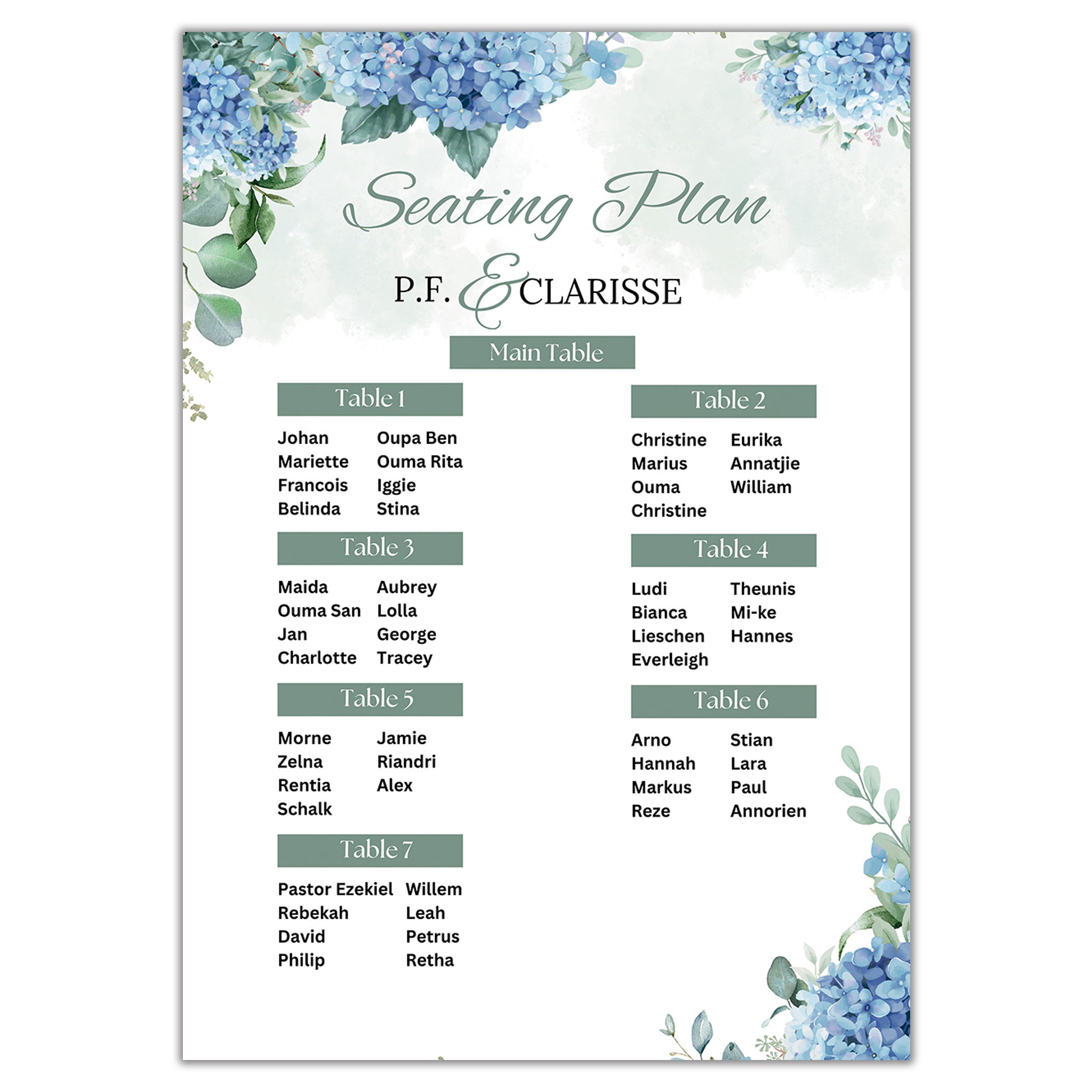 A2 seating chart printed with floral blue hydrangea design and detailed table seating plan