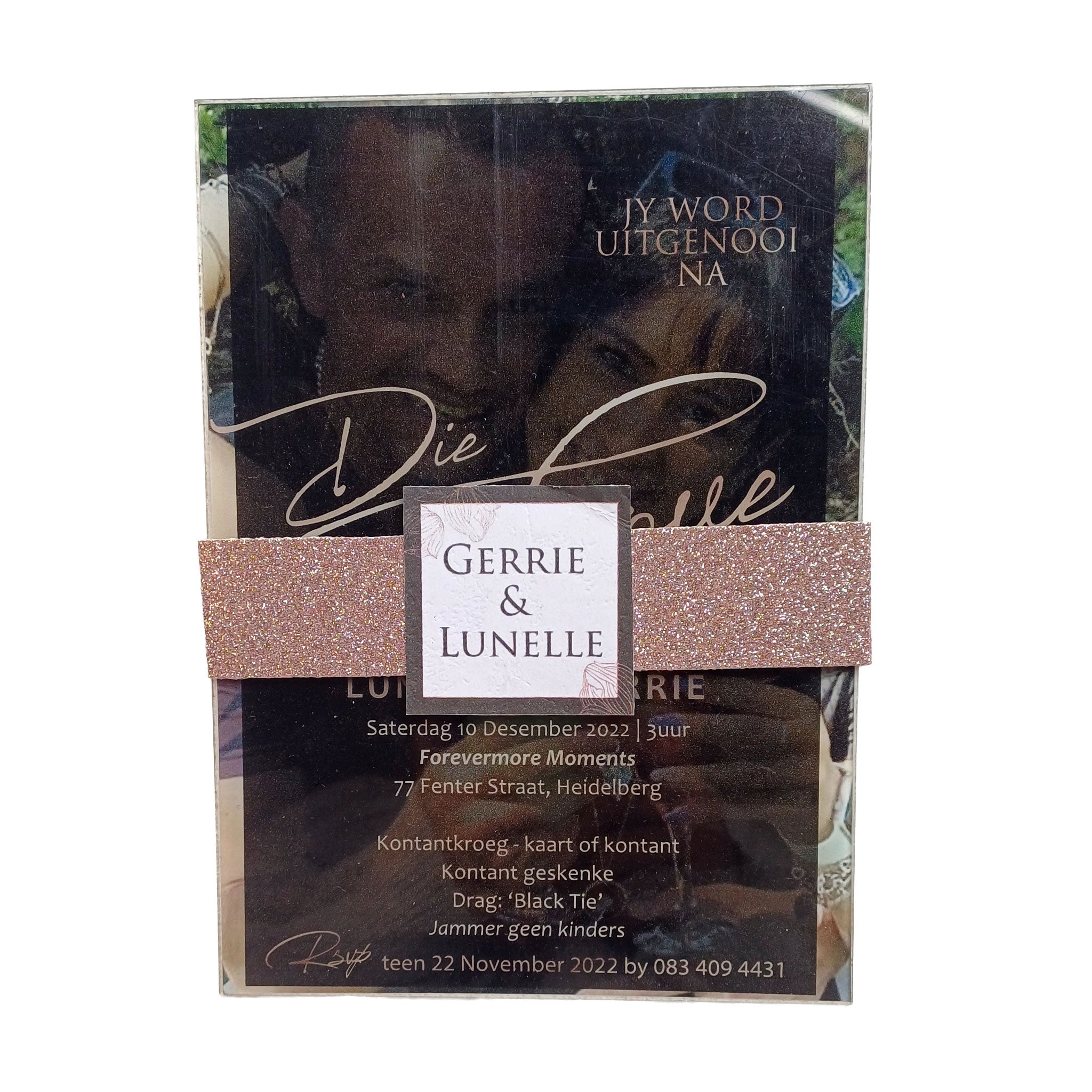 Acrylic wedding invitation custom with photo and glittery band by Forevermore Momentos
