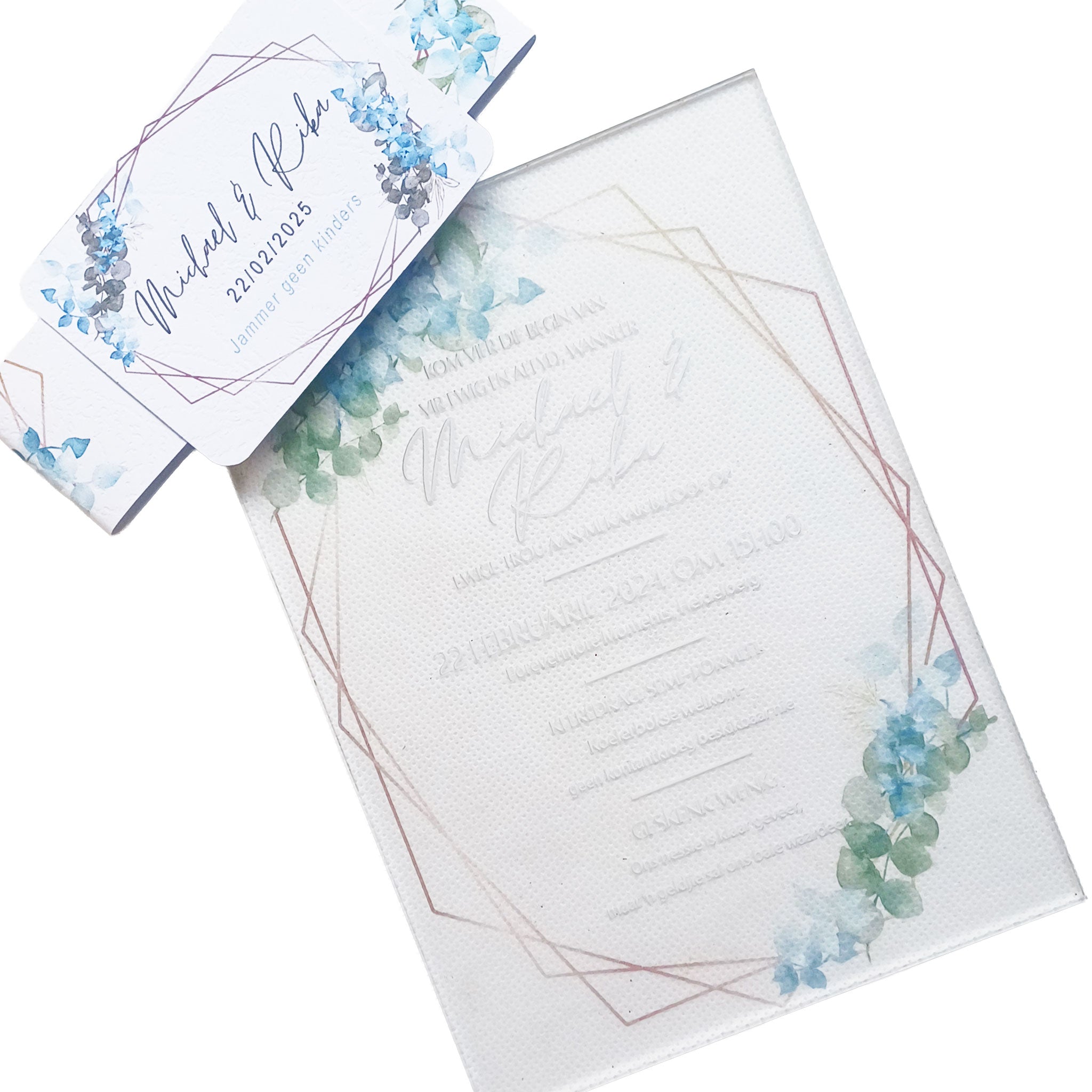 Elegant acrylic wedding invitations with floral design and geometric gold frame for modern weddings