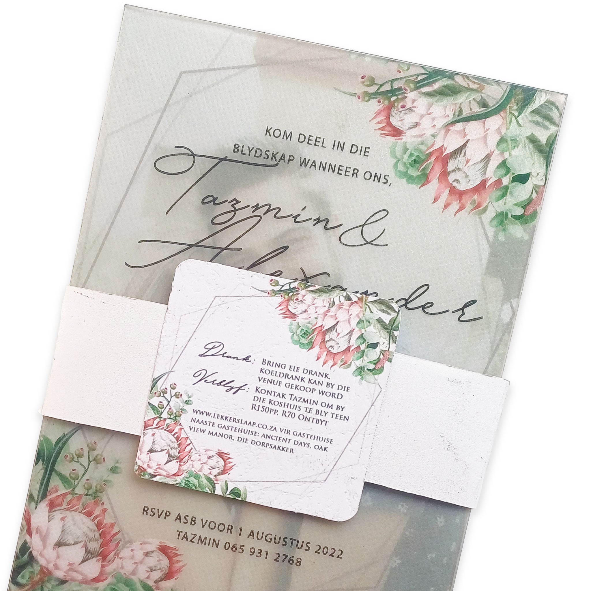 Elegant acrylic wedding invitations with floral designs and calligraphy by Forevermore Momentos