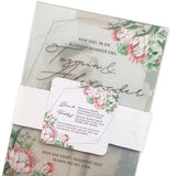 Elegant acrylic wedding invitations with floral designs and calligraphy by Forevermore Momentos