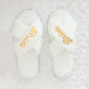 Bride and bridesmaid embroidered slippers in soft white with elegant gold lettering