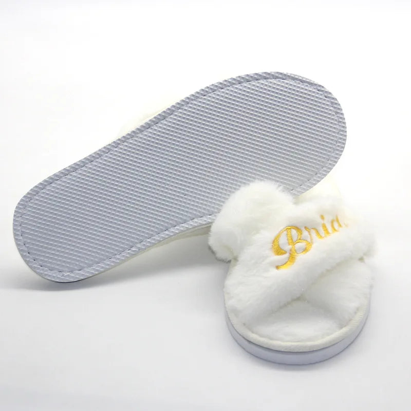 White bride and bridesmaid embroidered slippers with soft fluffy upper and non-slip sole