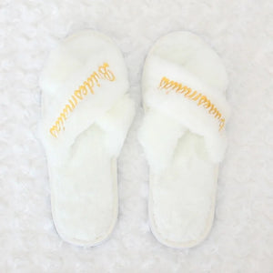 Forevermore Momentos bride and bridesmaid embroidered slippers in soft white with gold lettering