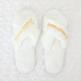 Forevermore Momentos bride and bridesmaid embroidered slippers in soft white with gold lettering