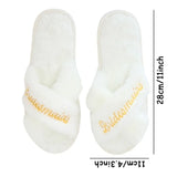 Forevermore Momentos bride and bridesmaid embroidered slippers in white plush for wedding comfort
