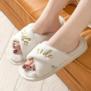 Bride and bridesmaid embroidered slippers in soft white fur for wedding day comfort