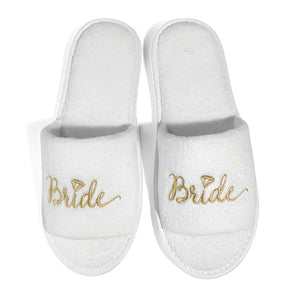 White bride slippers with gold embroidery for wedding, perfect bride and bridesmaid slippers for wedding