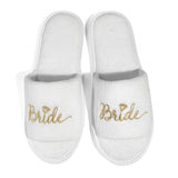 White bride slippers with gold embroidery for wedding, perfect bride and bridesmaid slippers for wedding