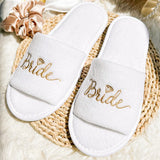 White Bride Slippers with Gold Script Perfect for Bride and Bridesmaid Slippers for Wedding