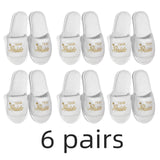 Six pairs of bride and bridesmaid slippers for wedding featuring gold lettering and comfortable design