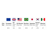 Size chart for bride and bridesmaid slippers for wedding showing various international shoe size conversions