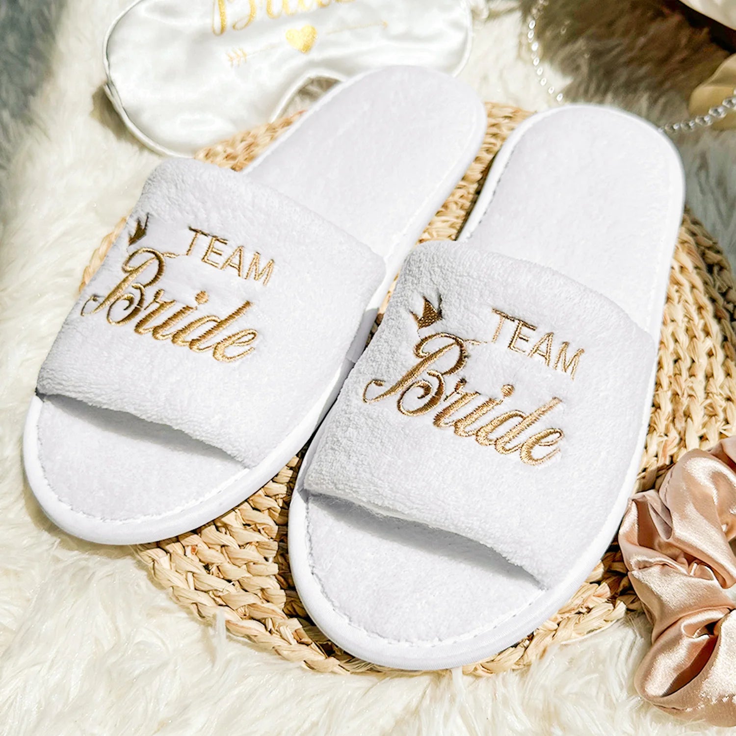 White Team Bride Slippers with Gold Embroidery for Bride and Bridesmaid Slippers for Wedding