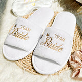 White Team Bride Slippers with Gold Embroidery for Bride and Bridesmaid Slippers for Wedding
