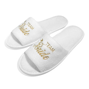 Team Bride White Slippers with Gold Embroidery for Bride and Bridesmaid Slippers for Wedding