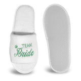 White bride and bridesmaid slippers for wedding with Team Bride embroidery for bridal parties