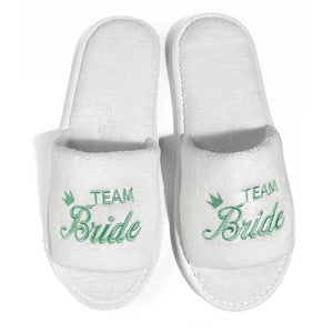 White Bride and Bridesmaid Slippers for Wedding with Green Embroidery and Soft Cushioning