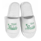 White Bride and Bridesmaid Slippers for Wedding with Green Embroidery and Soft Cushioning