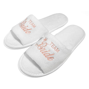 White slippers with 'Team Bride' embroidery, perfect bride and bridesmaid slippers for wedding events