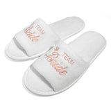 White slippers with 'Team Bride' embroidery, perfect bride and bridesmaid slippers for wedding events