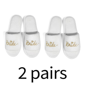 Forevermore Momentos bride and bridesmaid slippers for wedding in white with gold lettering