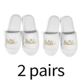 Forevermore Momentos bride and bridesmaid slippers for wedding in white with gold lettering