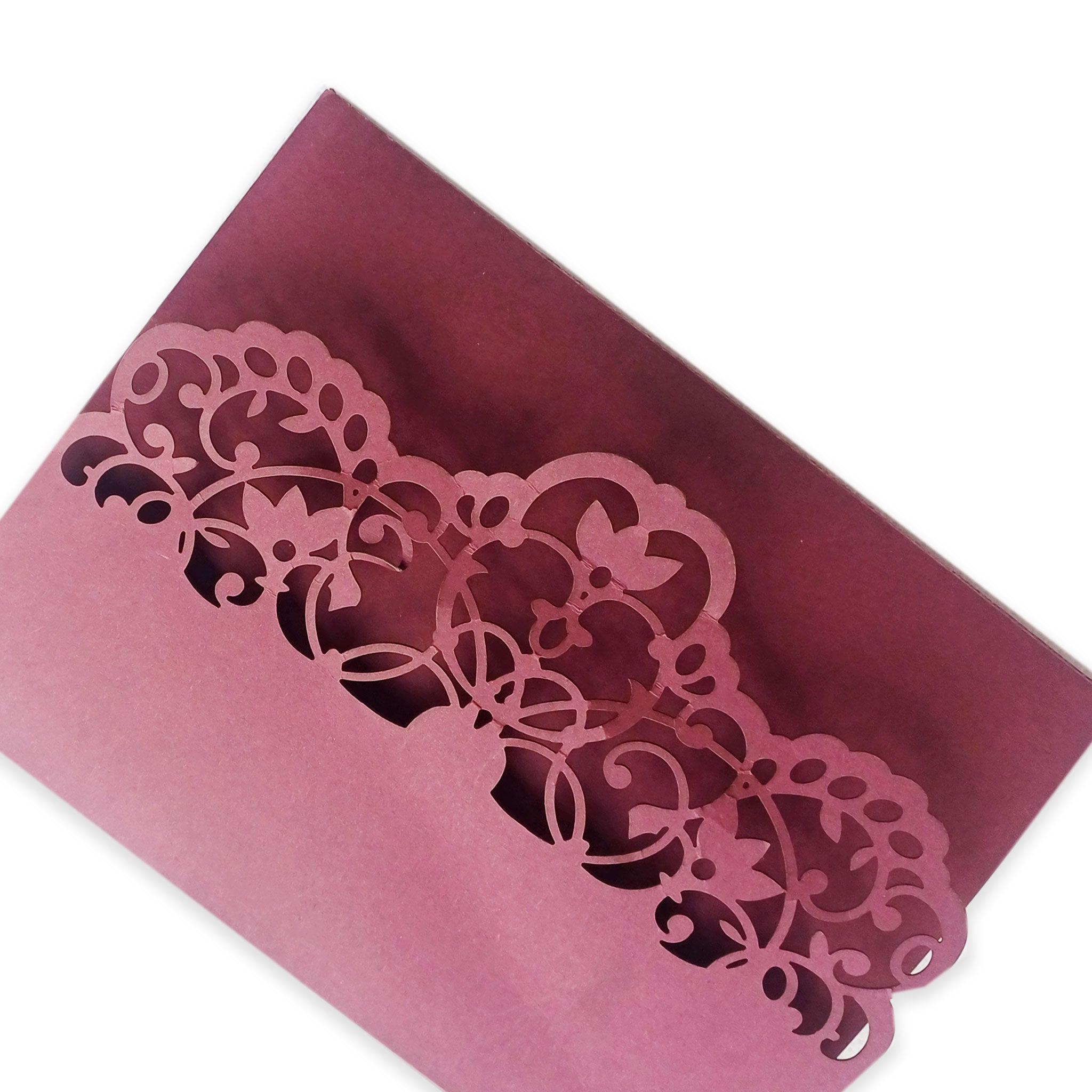 Elegant burgundy cardstock fold-open wedding cards with intricate lace cutout design