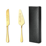 Elegant custom engraved cake knife set in gold finish with a gift box, perfect for weddings