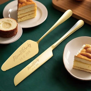 Elegant custom engraved cake knife set with personalized names and date for special celebrations