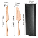 Custom engraved cake knife set in rose gold with a matching server and elegant gift box