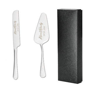 Elegant custom engraved cake knife set in silver with personalized details and a black gift box