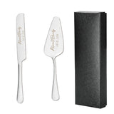 Elegant custom engraved cake knife set in silver with personalized details and a black gift box