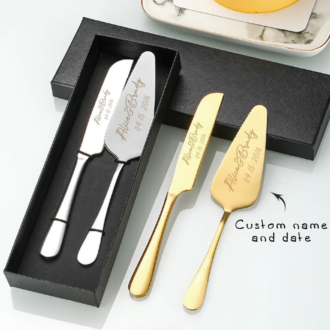 Custom engraved cake knife set in silver and gold, ideal for weddings and special events