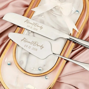 Custom engraved cake knife set featuring elegant design and personalized names and date