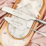 Custom engraved cake knife set featuring elegant design and personalized names and date