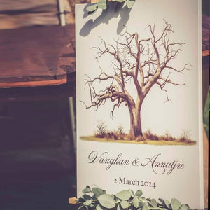 Forevermore Momentos custom fingerprint guest book with tree design and personalized names.
