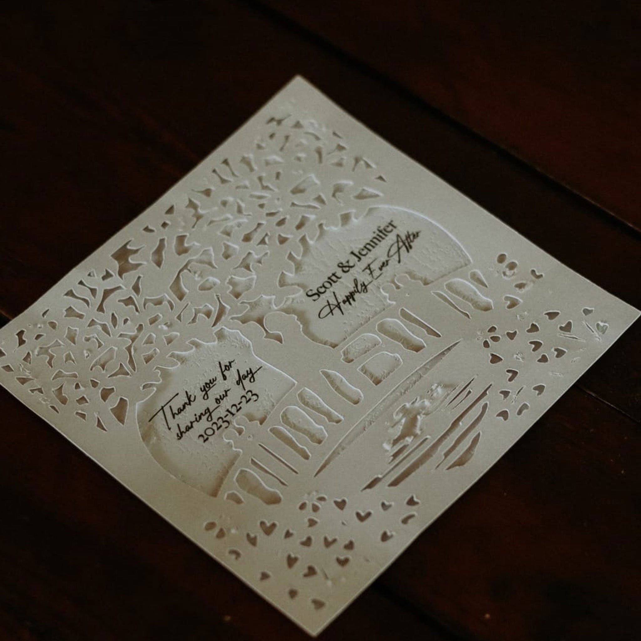 Forevermore Momentos custom laser-cut thank you cards featuring intricate tree and heart design