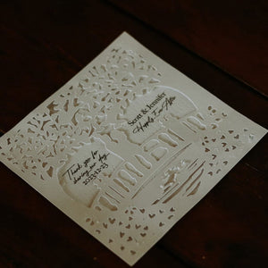 Forevermore Momentos custom laser-cut thank you cards featuring intricate tree and heart design