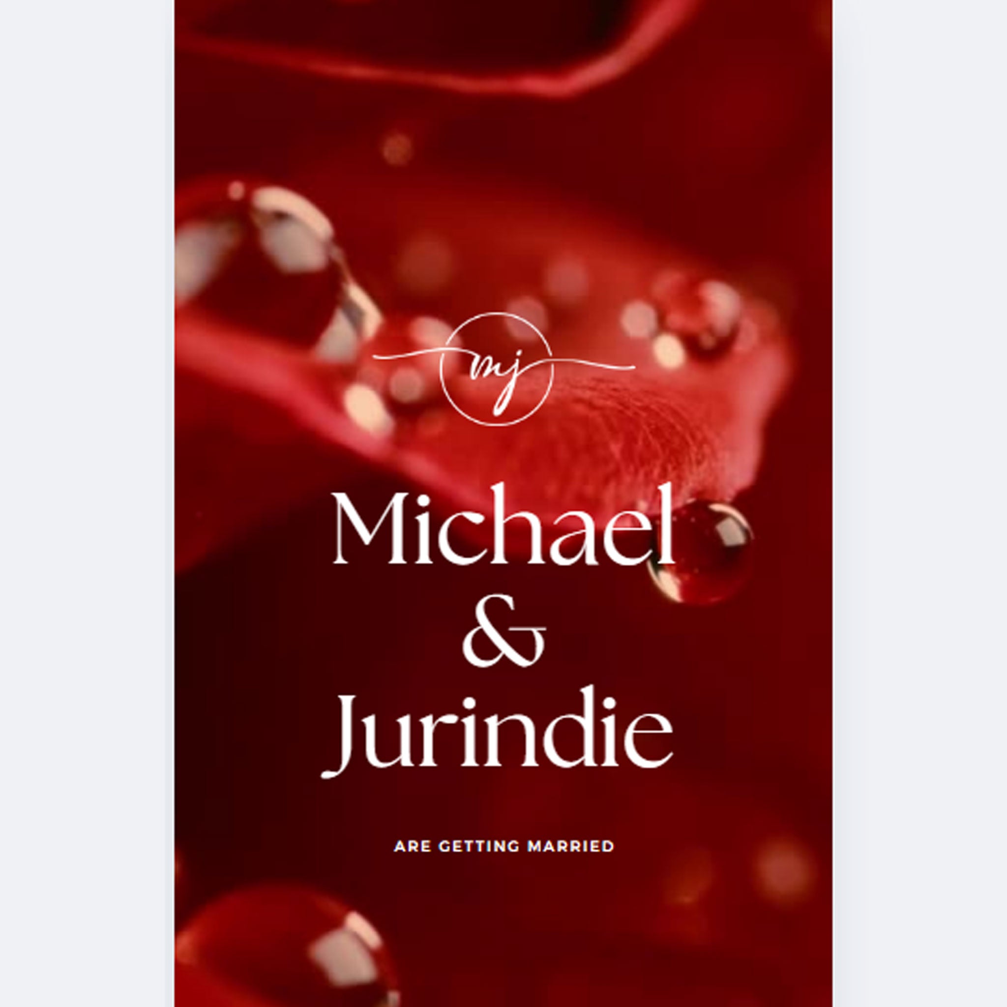 Custom video wedding invitation with Michael and Jurindie's names on a red floral background