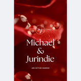 Custom video wedding invitation with Michael and Jurindie's names on a red floral background