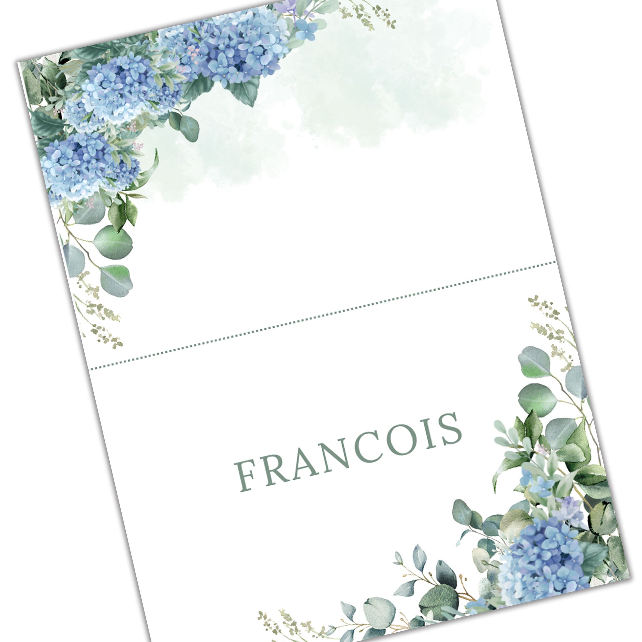 Elegant digital escort card design with blue hydrangea and greenery floral accents by Forevermore Momentos