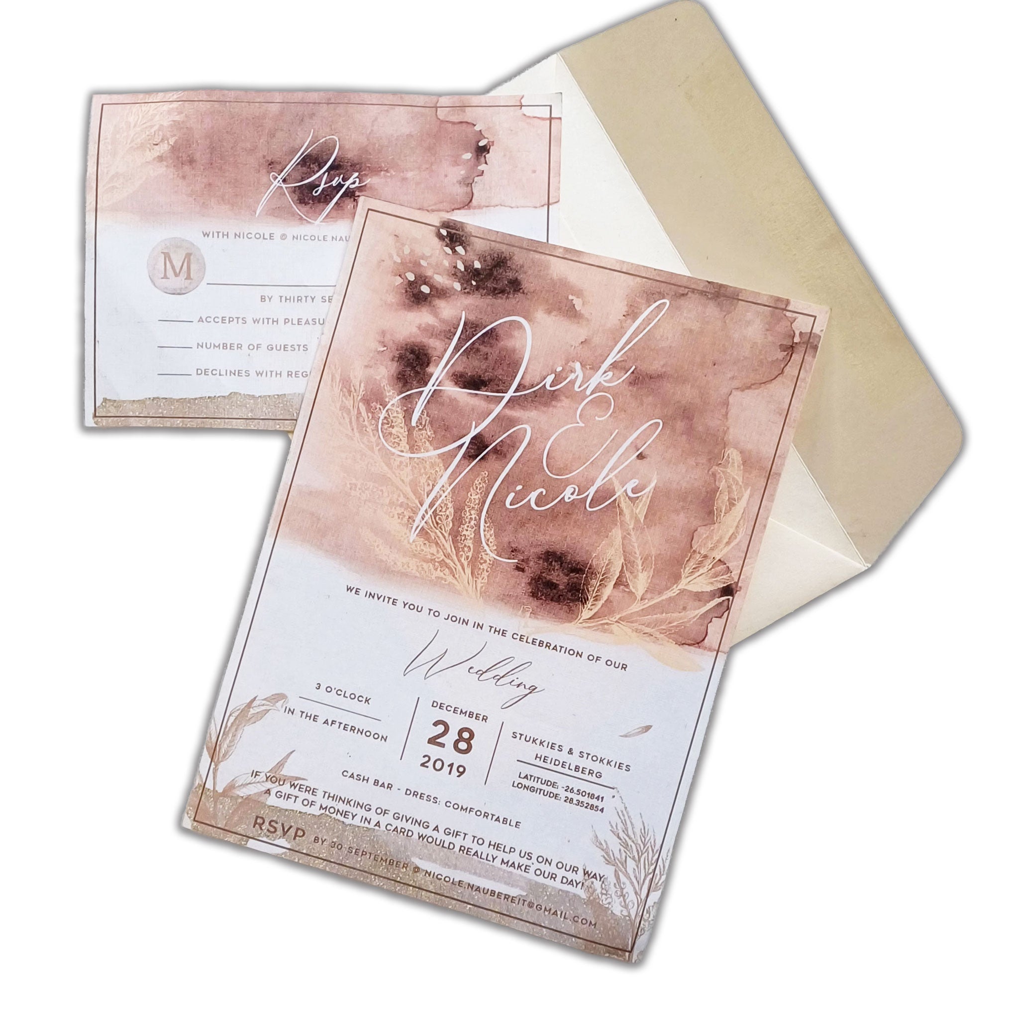 Elegant paper wedding invites with watercolor design and calligraphy text including RSVP card and beige envelope