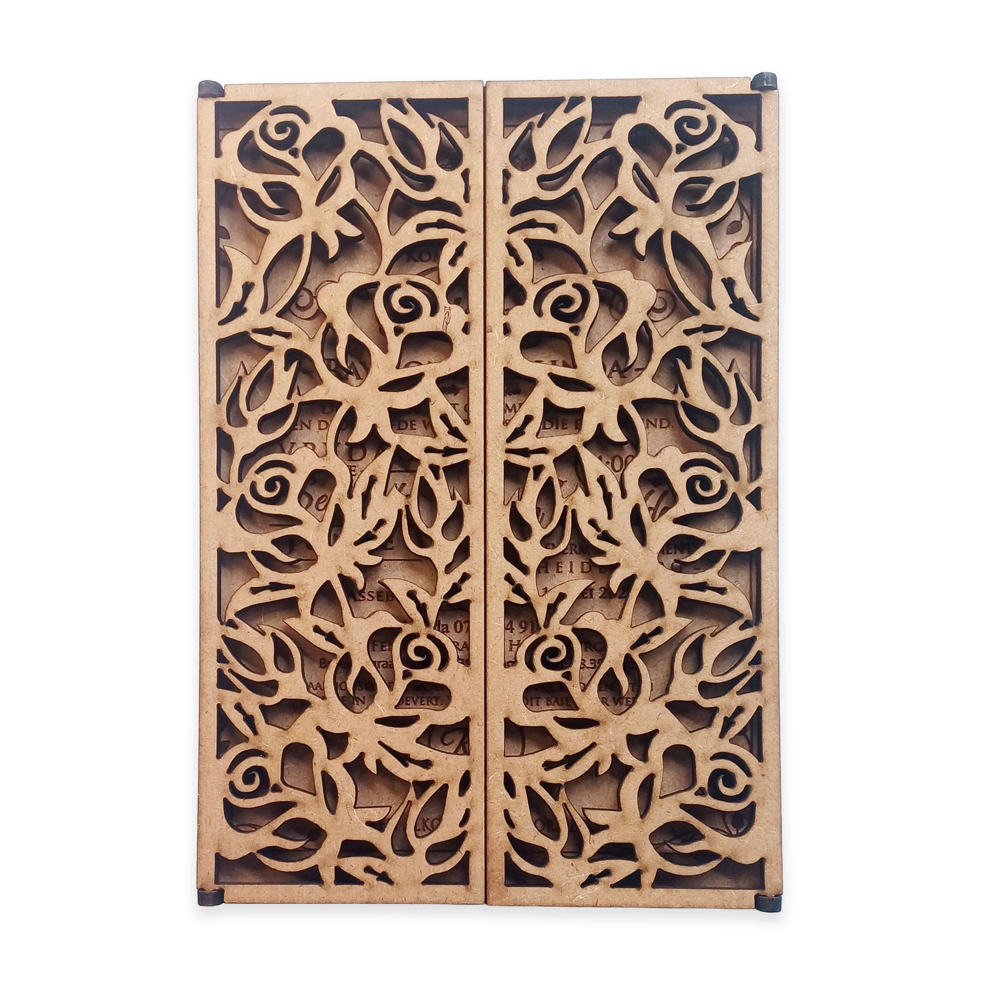 Laser cut wooden filigree wedding invite design with floral patterns by Forevermore Momentos