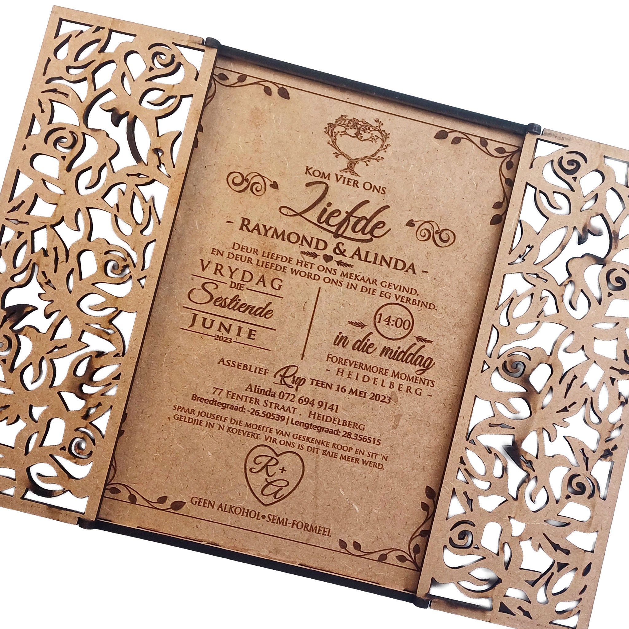 Forevermore Momentos filigree wedding invite design with intricate laser-cut floral patterns and vintage-style text