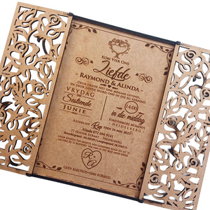 Forevermore Momentos filigree wedding invite design with intricate laser-cut floral patterns and vintage-style text