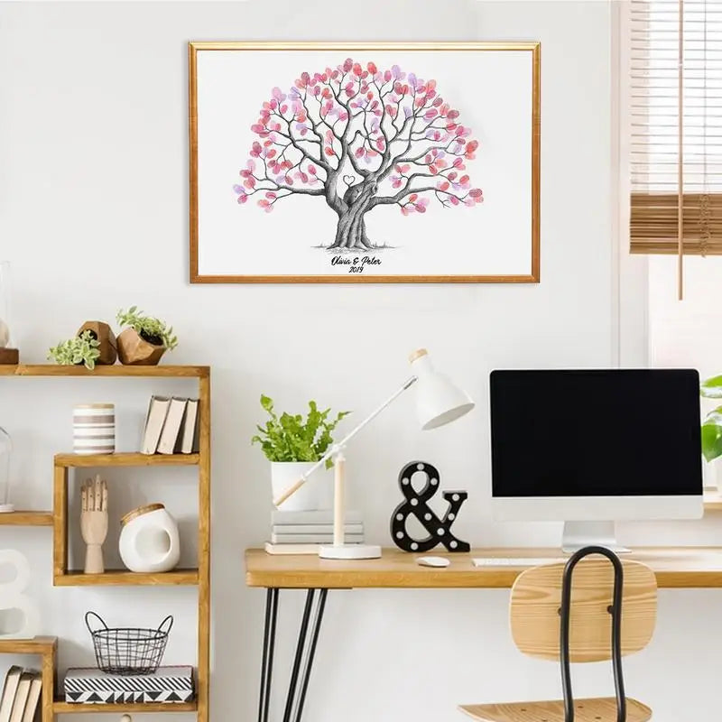 Fingerprint tree wedding guestbook art with pink leaves for memorable guest signing at weddings