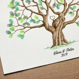 Fingerprint tree wedding guestbook design featuring a large tree with colorful leaves for guest signatures
