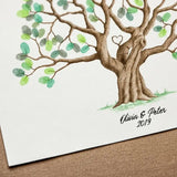 Fingerprint tree wedding guestbook print featuring a beautifully illustrated tree with green leaves and personalized names