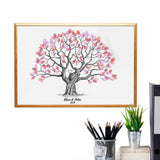 Fingerprint tree wedding guestbook print featuring pink leaves and a heart design