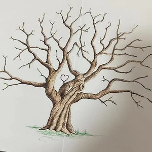 Fingerprint tree wedding guestbook design featuring a hand-drawn tree with empty branches for guests' fingerprints
